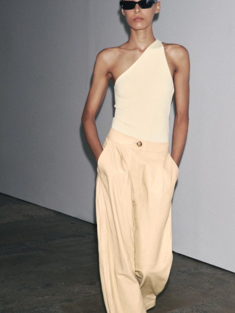 Zara Polyamide Asymmetric Bodysuit One Shoulder Butter Yellow Thong M NWT
